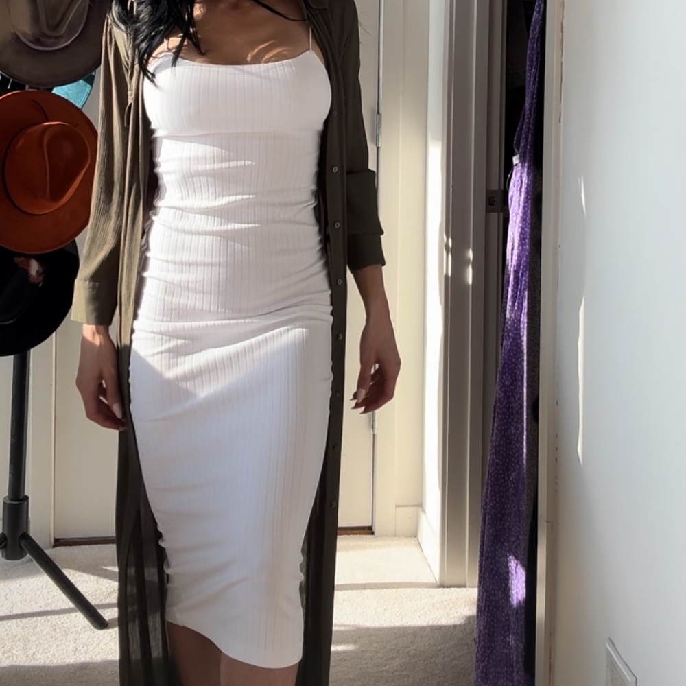 Zara White Ribbed Midi Dress with Olive Green Overlay